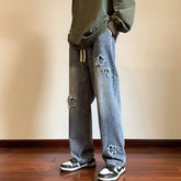 Men Jeans Vintage Patch Straight-Leg Pants Spring Baggy Pants